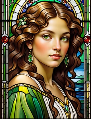 Design an exquisite stained glass window featuring a young Paraguayan woman in her mid-20s. Portray her fair skin and loose, green-highlighted curly hair in a close-up of her face. Ensure superior quality and intricate details akin to the works of stained glass masters Louis Comfort Tiffany, Judith Schaechter, and Sarah Hall.

