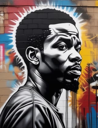 Create a striking black and white wall graffiti-style artwork featuring a 35-year-old African man. Emphasize his dark black skin tone and short, tightly curled hair in a close-up of his face. Infuse the expressive details reminiscent of Banksy's impactful graffiti techniques, ensuring superior quality and extreme attention to facial features. Capture the vibrant portraiture seen in Eduardo Kobra's artworks for a unique blend of urban artistry and emotion. Draw inspiration from the urban realism of Vhils to deliver a compelling and detailed artistic representation in the graffiti wall style.

