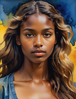  A close-up portrait of a beautiful 25-year-old Brazilian woman with dark skin and blonde, wavy, straight hair, serious expression, front view, in watercolor style, using a palette of rich earth tones, deep blues, and vibrant yellows with flowing, transparent textures. Artists: Albrecht Dürer, Winslow Homer, John Singer Sargent.