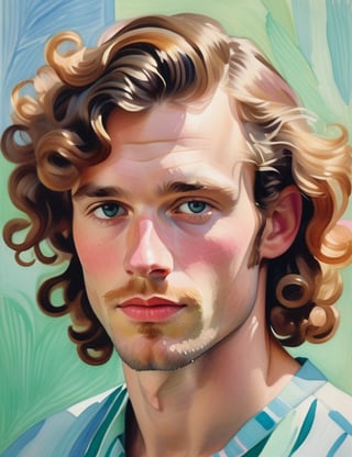  A close-up portrait of a 30-year-old Dutch man with fair skin and long curly hair, serious expression, front view, in gouache style, using pastel shades of light blue, mint green, pale yellow, and soft pink with smooth, watercolor-like textures. Artists: Mary Blair, John Singer Sargent, Henri Matisse.