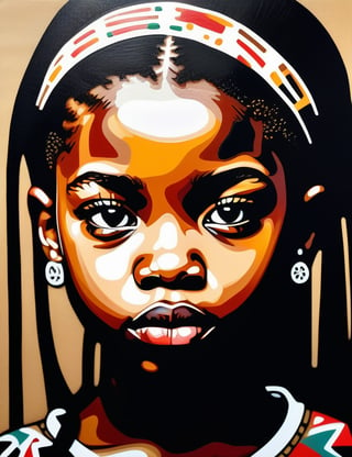  A graffiti art style on canvas of a beautiful 14-year-old Nigerian girl with caramel skin tone and long, straight hair, close-up of her face, front view. (((intricate details))), (((best quality))), (((extreme detail quality))), (((complex composition))), in the style of Banksy, Jean-Michel Basquiat, Shepard Fairey.

