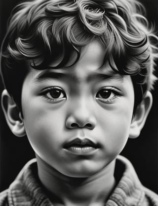 A black and white charcoal art style on canvas of a 12-year-old Japanese boy with short, curly hair, close-up of his face, front view, with a serious expression. (((intricate details))), (((best quality))), (((extreme detail quality))), (((complex composition))), in the style of Kathe Kollwitz, Robert Longo, Paul Cadden.