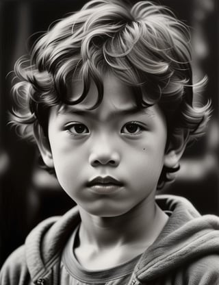 A black and white charcoal art style on canvas of a 12-year-old Japanese boy with short, curly hair, close-up of his face, front view, with a serious expression. (((intricate details))), (((best quality))), (((extreme detail quality))), (((complex composition))), in the style of Kathe Kollwitz, Robert Longo, Paul Cadden.