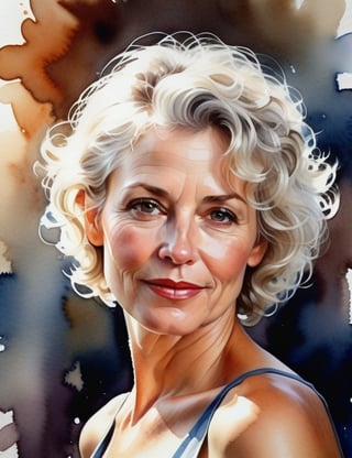 A watercolor art style on canvas of a beautiful mature woman around 35 years old with fair skin and short, curly white hair, close-up of her face, front view. (((intricate details))), (((best quality))), (((extreme detail quality))), (((complex composition))), in the style of Alvaro Castagnet, Joseph Zbukvic, Steve Hanks.