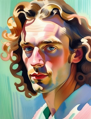  A close-up portrait of a 30-year-old Dutch man with fair skin and long curly hair, serious expression, front view, in gouache style, using pastel shades of light blue, mint green, pale yellow, and soft pink with smooth, watercolor-like textures. Artists: Mary Blair, John Singer Sargent, Henri Matisse.