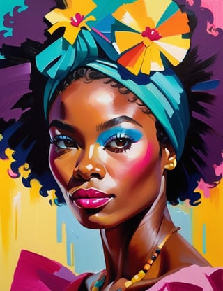 A close-up portrait of a beautiful 28-year-old Nigerian woman with caramel skin and black Afro hair, front view, in gouache style with an explosion of colors, using vibrant hues like magenta, turquoise, and bright yellow with smooth, creamy textures. Artists: Mary Blair, John Singer Sargent, Henri Matisse.