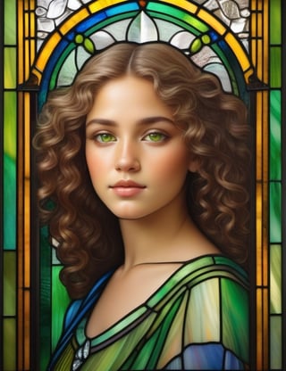 Design an exquisite stained glass window featuring a young Paraguayan woman in her mid-20s. Portray her fair skin and loose, green-highlighted curly hair in a close-up of her face. Ensure superior quality and intricate details akin to the works of stained glass masters Louis Comfort Tiffany, Judith Schaechter, and Sarah Hall.

