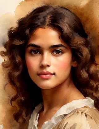 Create a timeless watercolor portrait reminiscent of classical techniques, featuring a 20-year-old Brazilian woman. Capture the intricate details of her caramel skin, light brown eyes, and voluminous, wavy hair in a close-up of her face. Emulate a superior quality akin to the works of Agnes Goodsir, John Singer Sargent, and the classical watercolor technique of William Turner.

