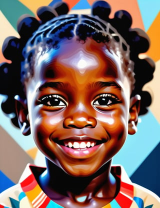  A polygonal art style of a beautiful 6-year-old African child with dark skin and tightly curled black hair, close-up of their face, front view, with a happy expression. (((intricate details))), (((best quality))), (((extreme detail quality))), (((complex composition))), in the style of Charis Tsevis, Jen Stark, Liam Brazier.