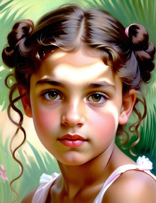 A close-up portrait of a beautiful 12-year-old Brazilian girl with caramel skin and tightly curled hair, front view, in a subtle painting style with fine strokes, using a delicate color palette of soft pinks, light browns, and gentle greens with smooth, refined textures. Artists: John Singer Sargent, Mary Cassatt, William-Adolphe Bouguereau.

