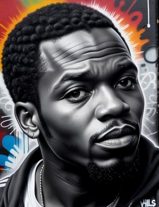 Create a striking black and white wall graffiti-style artwork featuring a 35-year-old African man. Emphasize his dark black skin tone and short, tightly curled hair in a close-up of his face. Infuse the expressive details reminiscent of Banksy's impactful graffiti techniques, ensuring superior quality and extreme attention to facial features. Capture the vibrant portraiture seen in Eduardo Kobra's artworks for a unique blend of urban artistry and emotion. Draw inspiration from the urban realism of Vhils to deliver a compelling and detailed artistic representation in the graffiti wall style.

