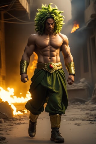 Broly, full body, angry, realistic, facing the camera, walking to fight in a warzone desolate and ruined city of Israel-Hamas, burning city, bomb blast, dark intricate textiles, Cinematic mood lighting. Masterpiece, award-winning, Artstation, 8k, perfect composition ((High skin details, skin details)), Sharp Focus, 8K UHD, DSLR, equality, film grain, animegodxl, midjourney,Monster,Dan Avidan