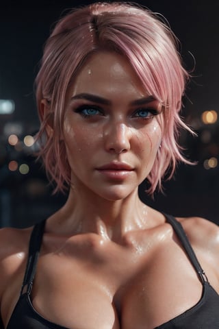 Cyberpunk, hyper-realistic, detailed_facials, light_pink_hair, light_brown_eyes, sweaty, long_sharp_black_nails.,b1mb0