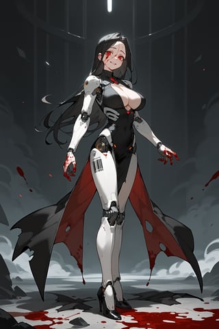 ,score_9, score_8_up, score_7_up, 
masterpiece, best quality, amazing quality, very aesthetic, absurdres,sexy girl,

,cybernetic, cyborg, robot joints, mechanical parts,dark theme, dark_background, standing, fullbody, 

,1girl, red eyes, large breasts, black hair, forehead, longhair,bare_legs, black highheels, barcode tattoo, ripped gray dress, standing, blood on face, blood on hand, blood on body, smile,