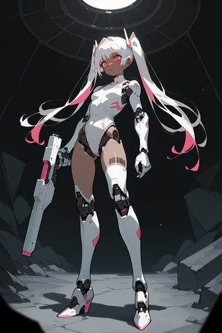 ,score_9, score_8_up, score_7_up, 
masterpiece, best quality, amazing quality, very aesthetic, absurdres,sexy girl,

,cybernetic, cyborg, robot joints, mechanical parts,dark theme, dark_background, standing, fullbody, 

,1girl, pink eyes, small breasts, pink and white hair, two-tone-hair, bangs, twin_tails hair, dark_skin, bare_legs, bare_feet, barcode tattoo, white leotard, holding gun,