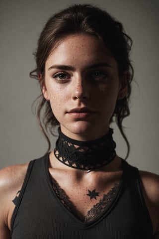 photo, rule of thirds, dramatic lighting, medium hair, detailed face, detailed nose, woman wearing tank top, freckles, collar or choker, smirk, tattoo, intricate background
,realism,realistic,raw,analog,woman,portrait,photorealistic,analog,realism