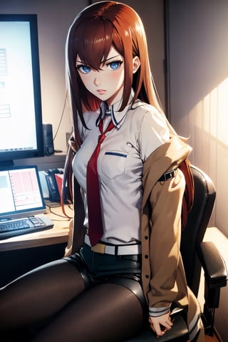 best quality, masterpiece, highres, ultra-detailed, beautiful detailed eyes, detailed background, raw photo, BREAK, 1girl, solo, Makise Kurisu, Steins:Gate, jacket, off shoulder, collared shirt, red necktie, black shorts, pantyhose, legwear under shorts, full body, realistic skin, attrative body, detailed clothes, extremely detailed hair, highly detailed eyes and pupils, juicy lips, BREAK, backlighting, face lighting, close view, starring at the viewer, BREAK, attractive posing, perfect anatomy, perfect proportion, perfect human hands, perfect human arm, seated on a gaming chair, expressionless, blush, BREAK, at night, dark room, night room, in the dark, deep shadow, low key, gaming room, gaming chair, gaming desk, keyboard, drawing tablet.