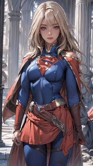 1 anime beauty, 1girl, tiny breasts: 1.7, blue eye color: 1.2, wearing skin tight SuperGirl costume (:1.9), tight red  panties (:1.9) under red mini skirt, detailed yellow belt (:1.9) bare thighs, legs parted, photorealistic, super high resolution, complex, super detailed, (skin dents), cute, feminine, detailed body, depth of field, color, (Facial Detail: 1.1), (Iris Contour), (Perfect Eyes), 4K, Gorgeous, (Masterpiece: 1.2), (Best Quality: 1.2), Wide Hips, Thick Thighs, (Tiny Breasts: 1.7), ( ( Long hair, bangs, long hair, blonde hair color)), seductive pose, lip biting, perfect small breasts, absolute_cleavage (:1.9) red cape over shoulder (:1.9) tiny breasts, classic costume, ancient stone pillars backdrop, midjourney, sex expression, ahegao_face, from below, breast grab (:1.9) 300dpi,  upscaled 8K,  masterpiece (:1.9) ,supergirl,I2SGirl