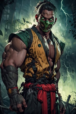 4K UHD illustration, upscaled professional drawing HDR, handsome man, male focus (:1.9) detailed costume, pectoral focus, real life, Ermac from Mortal Kombat, full-body_portrait, red ninja costume, muscular male, detailed muscular arms, dynamic torn red loincloth, standing, dynamic, eerie graveyard setting,  perfect fists, thunderstorm atmosphere,  intense green eyes,  300dpi,  upscaled 8K,  masterpiece,  finest quality art,  perfect anatomy, focus on Ermac's red costume, with a red and white ninja mask and costume and green glowing eyes (:1.9) swamp background ,zscrp, swirling green smoke emanating from hands (:1.9) thunder strike in background (:1.9) ,mkscorpion, ,Zombie