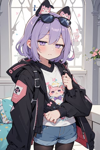 masterpiece,(kawaii illustration:1.5),(absurdres:1.5),
upper body,
small breasts,
gothic architecture,
looking at viewer,
masterpiece, best quality, 1girl, official, black jacket, jacket on shoulders, shirt, shorts, pantyhose, eyewear on head,(expressionless:1.2), purple eyes, (empty eyes:1.2),masterpiece,best quality,