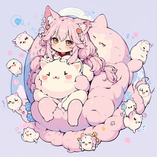 absurdres, highres, (cute masterpiece,(kawaii illustration:1.5),(absurdres:1.5),
(illustration:1.2), (fuwafuwa illustration:1.3),
1girl,4cats,masterpiece