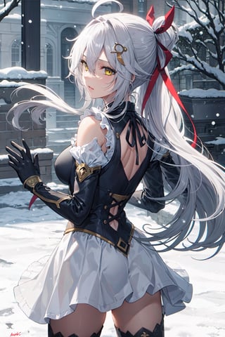 1girl, solo,upper body, fighting stance, from behind, garden, snowing, amber eyes, lace trim, frills, gloves, neck ribbon, hair ornament, very long hair, long hair, white hair, ahoge, boots, beautiful gown, long sleeves, hair between eyes, flower, hair ribbon, high quality, thighhighs, dress, ribbon, Medium breasts