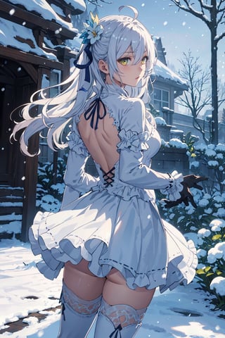 1girl, solo, fighting stance, from behind, garden, snowing, amber eyes, lace trim, frills, gloves, neck ribbon, hair ornament, very long hair, long hair, white hair, ahoge, boots, beautiful gown, long sleeves, hair between eyes, flower, hair ribbon, high quality, thighhighs, dress, ribbon, Medium breasts