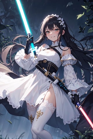 4k, high quality, masterpiece, beautiflul girl, (princess knight)++, black hair, white eyes, long sleeves, (holding lightsaber)++, rainy background, fantasy, impish grin, dutch angle, outside, nature, leaves in wind, white gloves, outdoors, not expression, wind+, thighhighs under boots, lace trim, ero, dress with slit, long hair, cool beauty, night background ,masterpiece