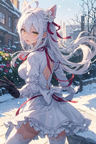 1girl, solo, fighting stance, from behind, garden, snowing, amber eyes, lace trim, frills, gloves, neck ribbon, hair ornament, very long hair, long hair, white hair, ahoge, boots, beautiful gown, long sleeves, hair between eyes, flower, hair ribbon, high quality, thighhighs, dress, ribbon, Medium breasts