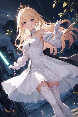 4k, high quality, masterpiece, beautiflul girl, (princess knight)++, blonde hair, white eyes, long sleeves, (holding lightsaber)++, rainy background, fantasy, impish grin, dutch angle, outside, nature, leaves in wind, white gloves, outdoors, not expression, wind+, thighhighs under boots, lace trim, ero, dress with slit, long hair, cool beauty, night background ,masterpiece