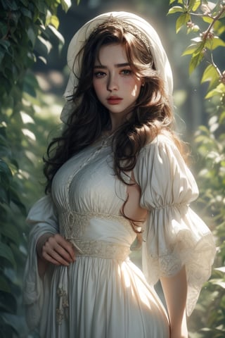 1 photograph, detailed lips, portrait, 1 female, (black hair), long curly hair, black eyes, (beautiful), peasant dress, commoner outfit, ((small orchard: background)),4k, masterpiece, (dynamic pose)),Detailed face, detailed eyes, soft colors, (high-resolution:1.2), headscarf, poor outfit, freckles, chubby_female, chubby, chubby face, tavern outfit, merchant outfit, white outfit, slighty_chubby, Fierce face, rage, angry, anger,1