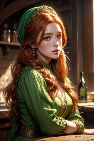 1 photograph, detailed lips, portrait, 1 female, (ginger hair), longhair, green eyes, (beautiful face), peasant dress, commoner outfit, ((tavern kitchen: background)),4k, masterpiece, (dynamic pose)),Detailed face, detailed eyes, soft colors, (high-resolution:1.2), twin_braid, headscarf, tavern outfit, poor outfit, soft freckle