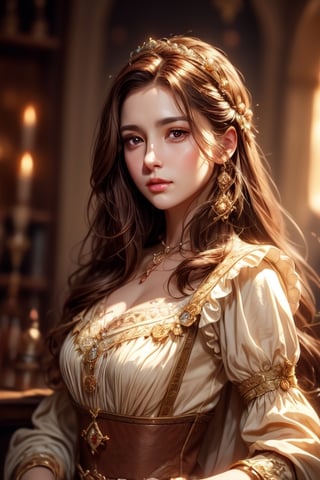 1 photograph, detailed lips, portrait, 1 female, (brown hair), brown hair, brown eyes, (beautiful face), peasant dress, commoner outfit, ((tavern: background)),4k, masterpiece, (dynamic pose)),Detailed face, detailed eyes, soft colors, (high-resolution:1.2), 