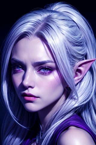 1 photograph, detailed lips, portrait, 1 female, (white hair), light purple eyes, noble rogue outfit, ((underdark: background)), masterpiece, (dynamic pose)),Detailed face, detailed eyes, soft colors, (high-resolution:1.2),Fierce face, grey skin, dark skin, drow, elf ears, dark purple skin, 