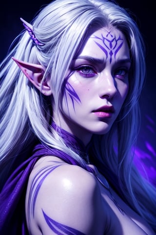 1 photograph, detailed lips, portrait, 1 female, (white hair), light purple eyes, noble rogue outfit, ((underdark: background)), masterpiece, (dynamic pose)),Detailed face, detailed eyes, soft colors, (high-resolution:1.2),Fierce face, grey skin, dark skin, drow, elf ears, dark purple skin, white tattoos, face tattoos