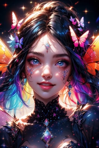 1 photograph,  detailed lips,  portrait,  1 female,  (dark blue hair), double bun, twintail, navy eyes, sparkling eyes), (beautiful face), smiling face, dark blue warlock outfit,  ((rainbow: background)), 4k,  masterpiece,  (dynamic pose)), Detailed face,  detailed eyes,  soft colors,  (high-resolution:1.2), yuzu detail, half body, cinematic lighting, High detailed, fairy wings, High detailed, butterfly wings,High detailed ,Color magic, music notes, Saturated colors,Saturated colors, young face, Color saturation, glitter on face, sparkling