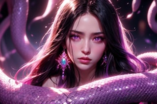 1 photograph, detailed lips, portrait, 1 female, (black hair), long hair, neat hair, light purple eyes, (beautiful face), light purple wizard robe, (glowing), snake earrings, snake scale, ((dim lightchamber: background)),4k, masterpiece, (dynamic pose)),Detailed face, detailed eyes, colors,otherworldly charm, soft colors, (high-resolution:1.2), soft lighting,1 girl,yuzu, conjuring mysterious purple spell, snake, white serpent, anger, angry face, snakes