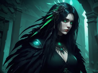 A mysterious and alluring warlock, with ebony hair, luminous and glowing eyes, emotionless, wearing light armor, conjuring green spells in a ruin, cinematic movement, black feathers, raven skull, Detailedface