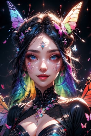 1 photograph,  detailed lips,  portrait,  1 female,  (dark blue hair), double bun, twintail, navy eyes, sparkling eyes), (beautiful face), smiling face, dark blue warlock outfit,  ((rainbow: background)), 4k,  masterpiece,  (dynamic pose)), Detailed face,  detailed eyes,  soft colors,  (high-resolution:1.2), yuzu detail, half body, cinematic lighting, High detailed, fairy wings, High detailed, butterfly wings,High detailed ,Color magic, music notes, Saturated colors,Saturated colors, young face, Color saturation, glitter on face, sparkling,Color saturation , butterfly wings on back