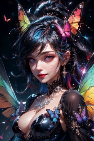 1 photograph,  detailed lips,  portrait,  1 female,  (dark blue hair), high ponytail, black eyes,  (beautiful face), smiling face, side face,  dark blue warlock outfit,  ((rainbow: background)), 4k,  masterpiece,  (dynamic pose)), Detailed face,  detailed eyes,  soft colors,  (high-resolution:1.2), yuzu detail, half body, cinematic lighting, High detailed, fairy wings, High detailed, butterfly wings,High detailed ,Color magic