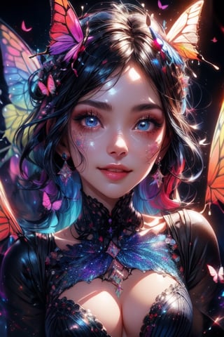 1 photograph,  detailed lips,  portrait,  1 female,  (dark blue hair), double bun, twintail, navy eyes, sparkling eyes), (beautiful face), smiling face, dark blue warlock outfit,  ((rainbow: background)), 4k,  masterpiece,  (dynamic pose)), Detailed face,  detailed eyes,  soft colors,  (high-resolution:1.2), yuzu detail, half body, cinematic lighting, High detailed, fairy wings, High detailed, butterfly wings,High detailed ,Color magic, music notes, Saturated colors,Saturated colors, young face, Color saturation, glitter on face, sparkling,Color saturation , butterfly wings on back