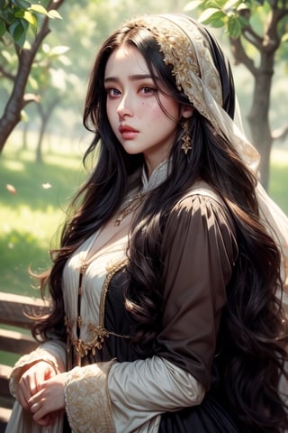 1 photograph, detailed lips, portrait, 1 female, (black hair), long curly hair, black eyes, (beautiful face), peasant dress, commoner outfit, ((small orchard: background)),4k, masterpiece, (dynamic pose)),Detailed face, detailed eyes, soft colors, (high-resolution:1.2), headscarf, poor outfit, freckles, chubby_female, chubby, chubby face, tavern outfit, merchant outfit, white outfit, slighty_chubby, Fierce face