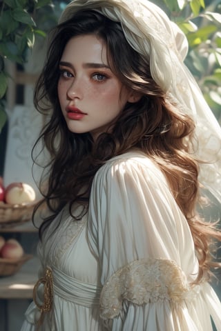 1 photograph, detailed lips, portrait, 1 female, (black hair), long curly hair, black eyes, (beautiful), peasant dress, commoner outfit, ((small orchard: background)),4k, masterpiece, (dynamic pose)),Detailed face, detailed eyes, soft colors, (high-resolution:1.2), headscarf, poor outfit, freckles, chubby_female, chubby, chubby face, tavern outfit, merchant outfit, white outfit, slighty_chubby, Fierce face, rage, angry, anger,1