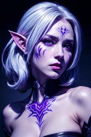 1 photograph, detailed lips, portrait, 1 female, (white hair), light purple eyes, noble rogue outfit, ((underdark: background)), masterpiece, (dynamic pose)),Detailed face, detailed eyes, soft colors, (high-resolution:1.2),Fierce face, grey skin, dark skin, drow, elf ears, dark purple skin, face tattoos