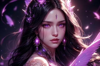 1 photograph, detailed lips, portrait, 1 female, (black hair), long hair, neat hair, light purple eyes, emotionless face, (beautiful face), light purple wizard robe, (glowing), snake earrings, snake scale, ((dim lightchamber: background)),4k, masterpiece, (dynamic pose)),Detailed face, detailed eyes, colors,otherworldly charm, soft colors, (high-resolution:1.2), soft lighting,1 girl,yuzu, conjuring mysterious purple spell