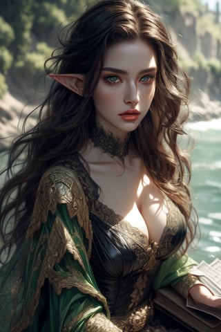 1 photograph, detailed lips, portrait, 1 female, (black hair), black green eyes, noble outfit, ((by the river background)), masterpiece, (dynamic pose)),Detailed face, detailed eyes, soft colors, (high-resolution:1.2), fierce face, bronze skin, dark skin, elf ears,1 girl, reading book