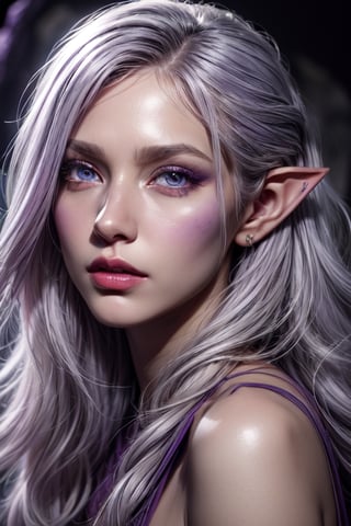 (Beauty photography:1.3), (purple - colored eyes:1.3), detailed skin texture, textured skin, visible skin detail, radiant skin, grey skin, juicy lips, Long Eyelashes, 1 photograph, detailed lips, portrait, 1 female, (white hair), purple eyes, high priestess outfit, priestess outfit, ((cave: background)), masterpiece, (dynamic pose)),Detailed face, detailed eyes, soft colors, (high-resolution:1.2),Fierce face, grey skin, dark skin, drow, elf ears, dark purple skin, black skin, tan