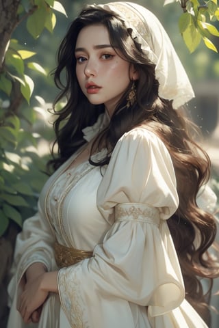 1 photograph, detailed lips, portrait, 1 female, (black hair), long curly hair, black eyes, (beautiful), peasant dress, commoner outfit, ((small orchard: background)),4k, masterpiece, (dynamic pose)),Detailed face, detailed eyes, soft colors, (high-resolution:1.2), headscarf, poor outfit, freckles, chubby_female, chubby, chubby face, tavern outfit, merchant outfit, white outfit, slighty_chubby, Fierce face, rage, angry, anger,1