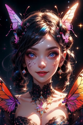 1 photograph,  detailed lips,  portrait,  1 female,  (dark blue hair), double bun, twintail, navy eyes, sparkling eyes), (beautiful face), smiling face, dark blue warlock outfit,  ((rainbow: background)), 4k,  masterpiece,  (dynamic pose)), Detailed face,  detailed eyes,  soft colors,  (high-resolution:1.2), yuzu detail, half body, cinematic lighting, High detailed, fairy wings, High detailed, butterfly wings,High detailed ,Color magic, music notes, Saturated colors,Saturated colors, young face, Color saturation, glitter on face, sparkling,Color saturation , butterfly wings on back