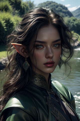 1 photograph, detailed lips, portrait, 1 female, (black hair), black green eyes, noble outfit, ((by the river background)), masterpiece, (dynamic pose)),Detailed face, detailed eyes, soft colors, (high-resolution:1.2), fierce face, bronze skin, dark skin, elf ears,1 girl, reading book, beautiful face,Detailedface,Girl 